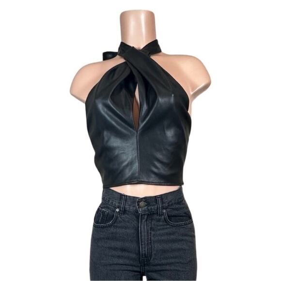 #T188 STAUD Kai Cropped Vegan Leather Halterneck Top Black SIZE 6 NWT $198 - Picture 7 of 16